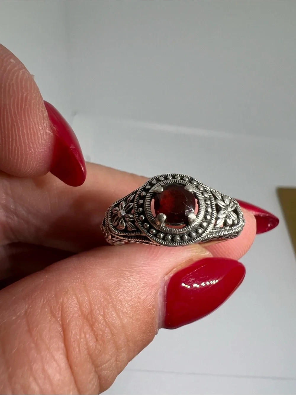 Vintage-Inspired Sterling Ring with Deep Red Garnet Gemstone